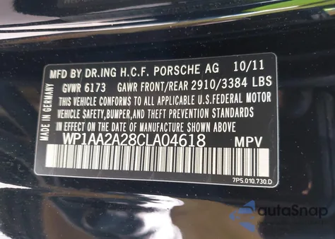 2012 Porsche Cayenne из США, поврежденный, VIN WP1AA2A28CLA04618